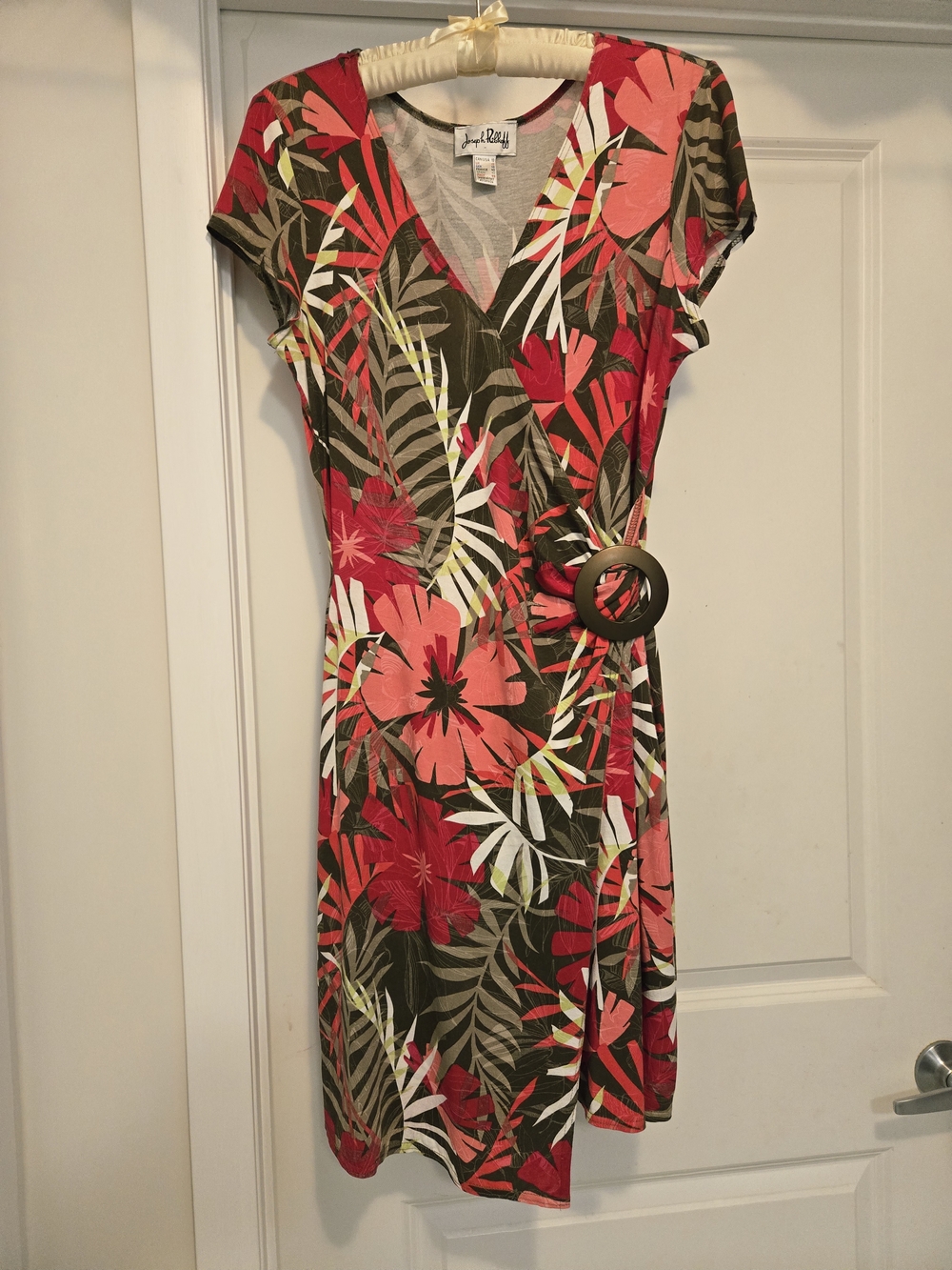 Joseph Ribkoff Coral, Olive & White Tropical Wrap Midi Dress